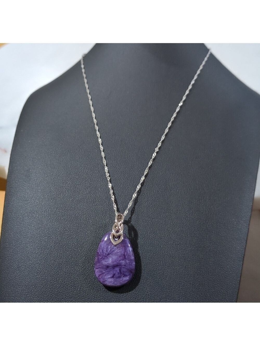 925 Sterling Silver Charoite Teardrop Gemstone Pendant Necklace